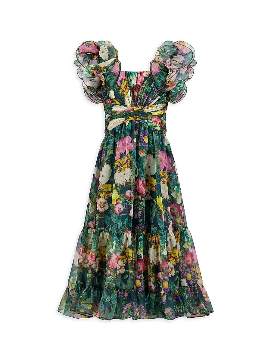 Little Girl's & Girl's Ruffle Shoulder Chiffon Gown - Deep Green - Size 14