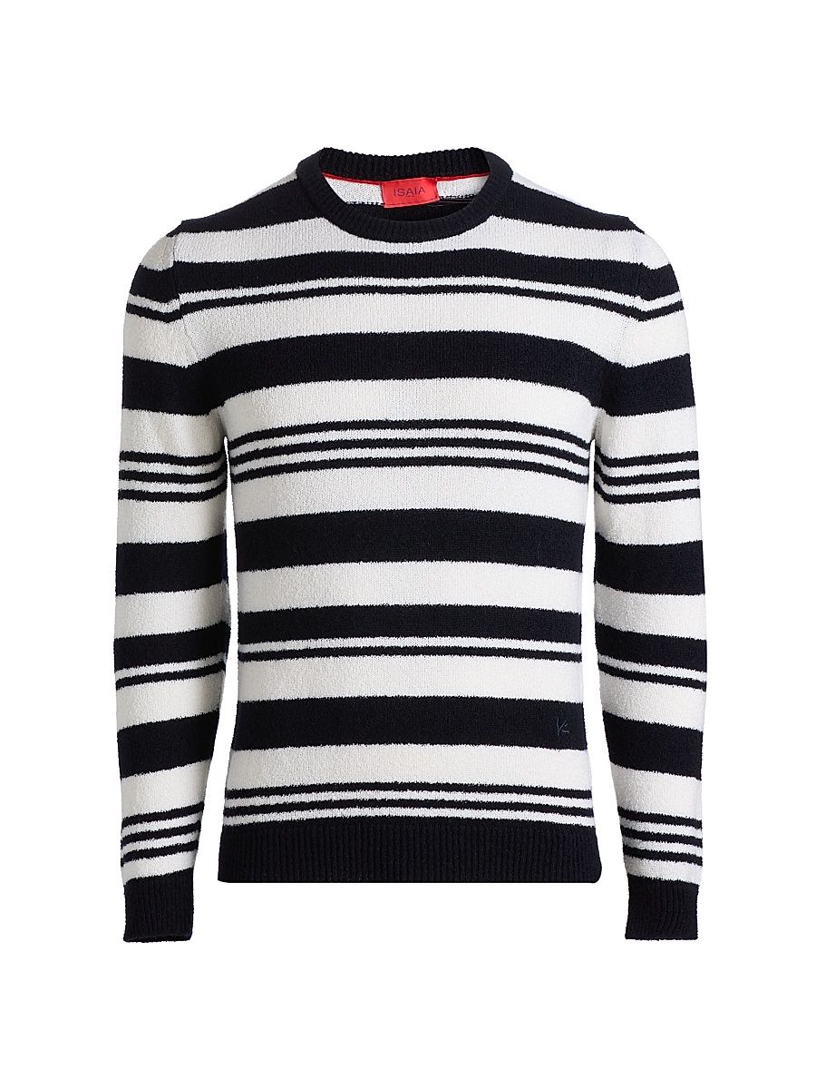 Men's Sponge-Effect Striped Cashmere-Silk Crewneck Sweater - Dark Blue - Size XL