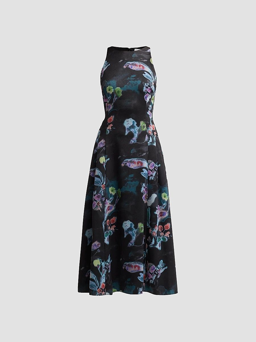 Women's Floral Twill Midi-Dress - Black Multi - Size 0