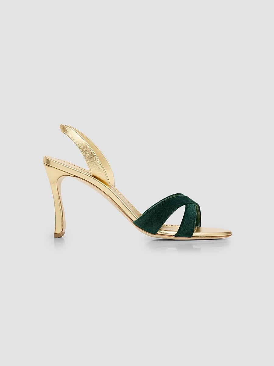 Women's Callydra 90MM Velvet-Trimmed Slingback Sandals - Dark Green Gold - Size 10.5