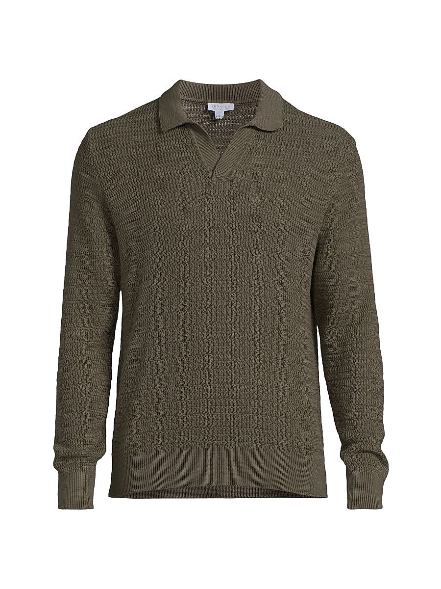 Men's Textured Knit Cotton Split Neck Shirt - Khaki - Size Large