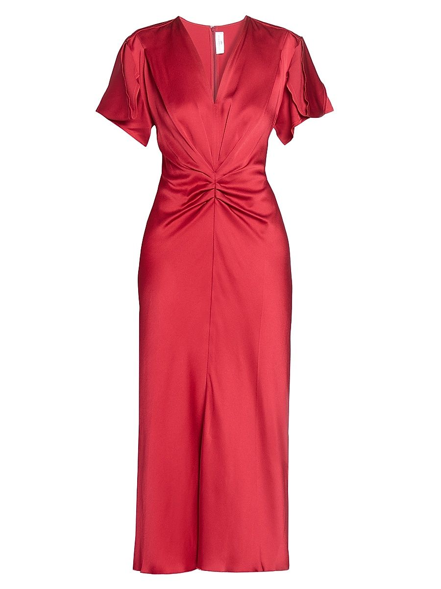 Women's Satin Gathered V-Neck Midi-Dress - Rose - Size 0