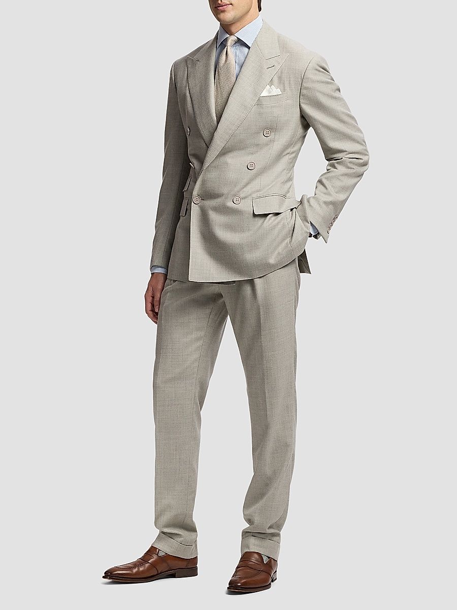 Men's Double-Breasted Wool Flannel Suit - Pearl Grey - Size 36