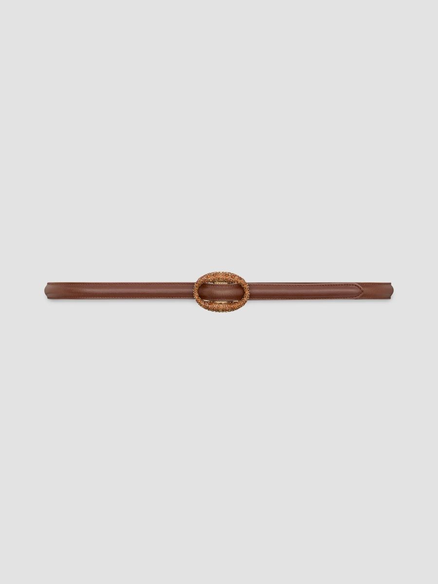 Saint Laurent Women's Oval Buckle Thin Belt in Smooth Leather and Crystals - Dark Wet Clay - Size 38