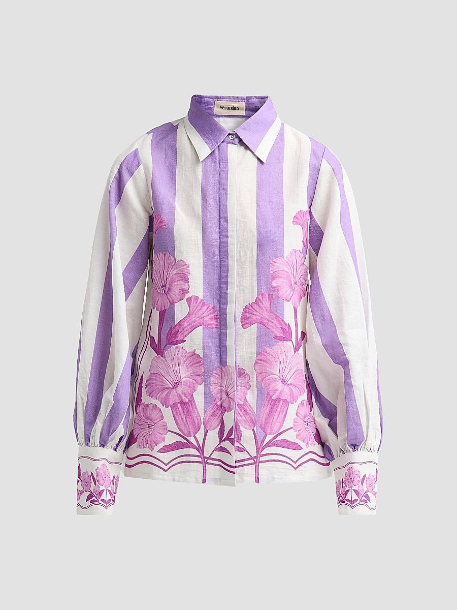 Women's Nigiri Wild Flower Linen-Cotton Tunic Blouse - Ivory Lilac Stripe - Size XL