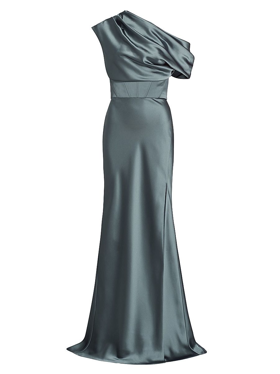 Women's Satin One-Shoulder Gown - Petrol - Size 16