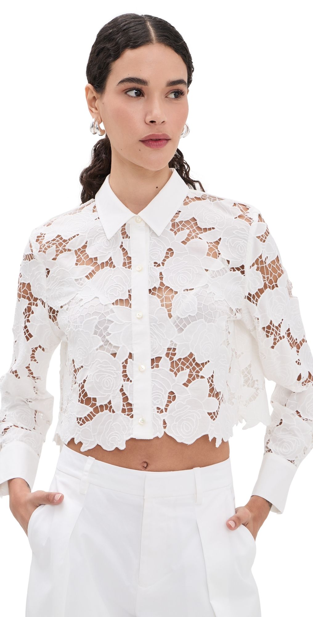L'AGENCE Seychelle Cropped Button Down Shirt Ivory XS