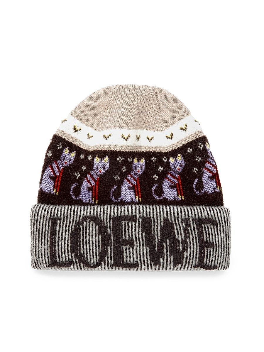 Women's Cat Fair Isle-Inspired Wool Beanie - Beige Multicolor