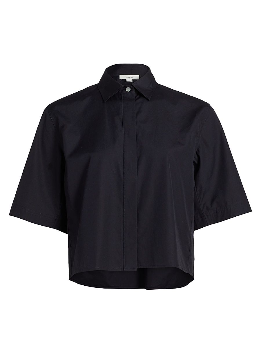 Women's Cotton Twill Short-Sleeve Crop Shirt - Coastal Blue - Size Medium