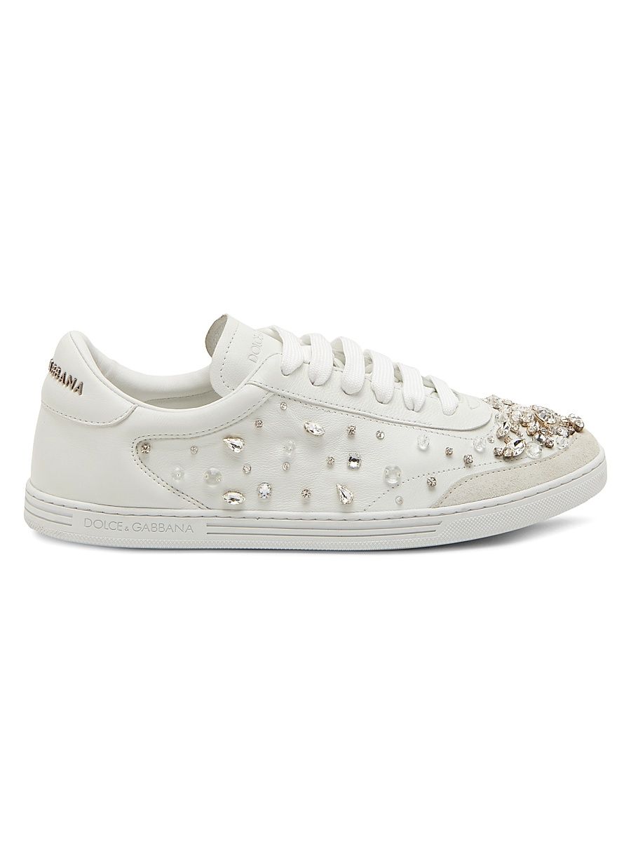 Women's Crystal-Embellished Leather Low-Top Sneakers - Bianco Panna - Size 11
