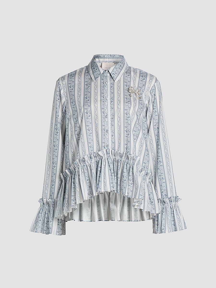 Women's Daxel Stripe Ruffle Top - Ivory Marine Blue - Size XXS