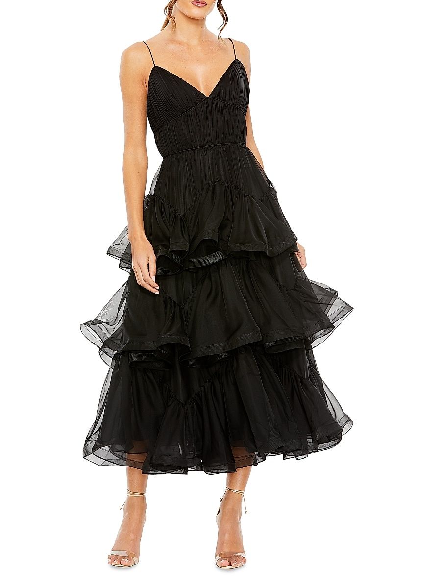 Women's Tiered Ruffled Tulle Midi-Dress - Black - Size 16
