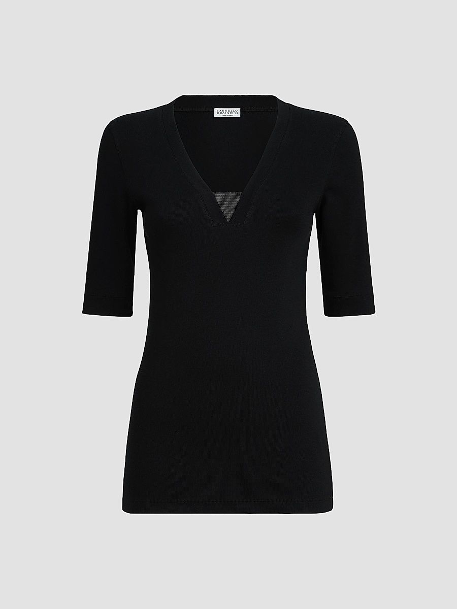 Women's Stretch Cotton Ribbed Jersey Top - Black - Size Large