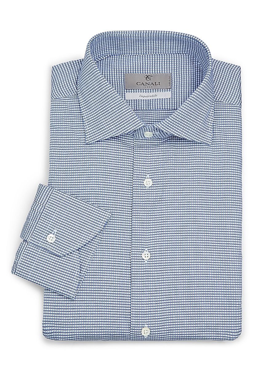 Men's Houndstooth Cotton Button-Front Shirt - Blue - Size 17