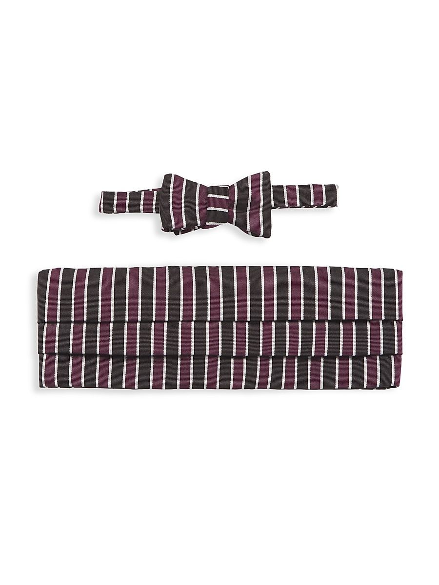 Men's Silk Striped Bow Tie & Cummerbund Set - Purple Black