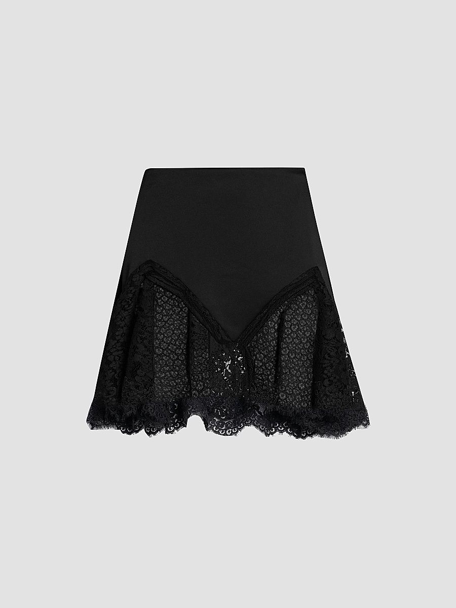Women's Satin Lace-Trimmed Skirt - Black - Size 10