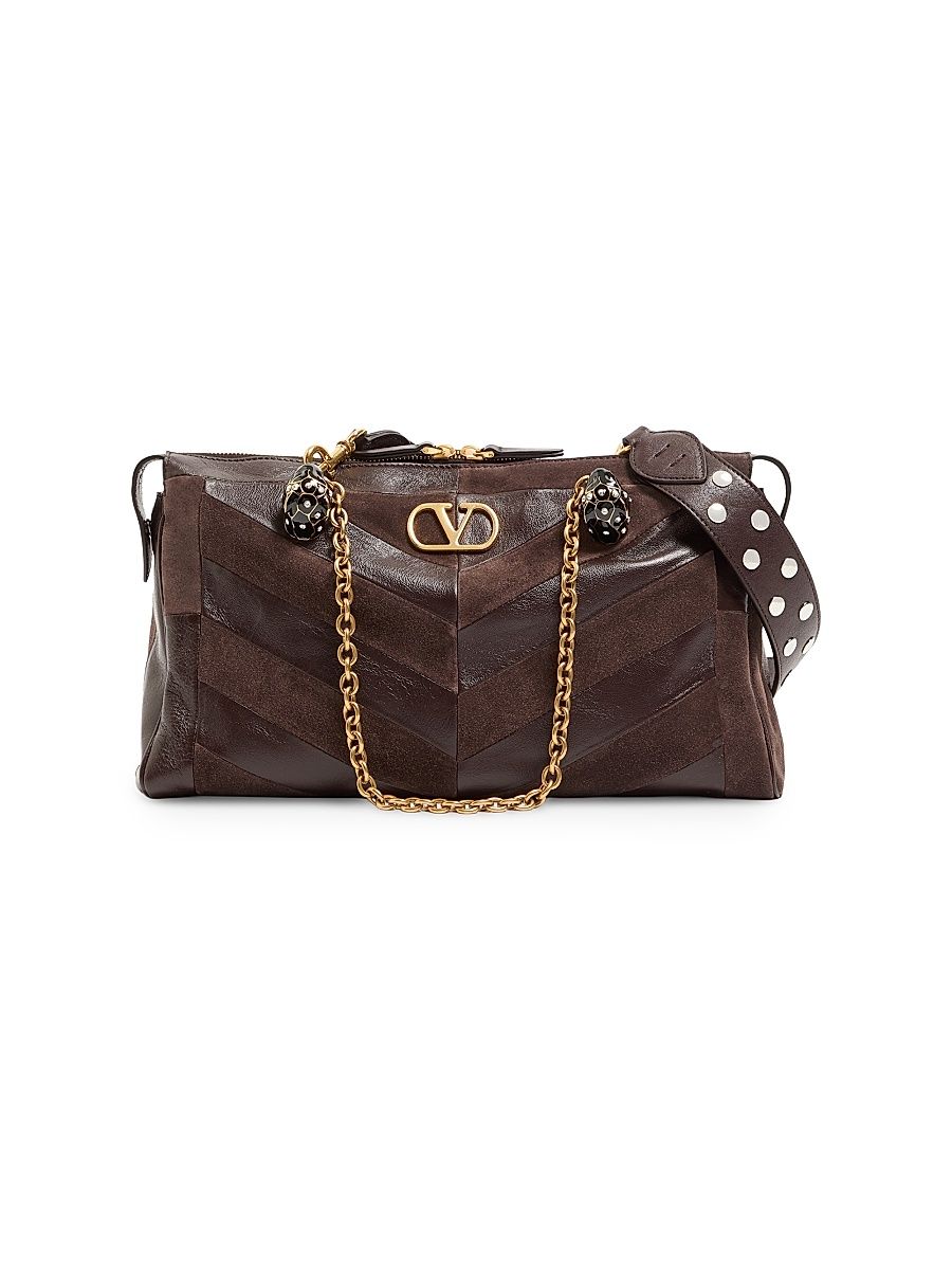 Women's Panthea Medium Shoulder Bag in Suede and Nappa - Ebony