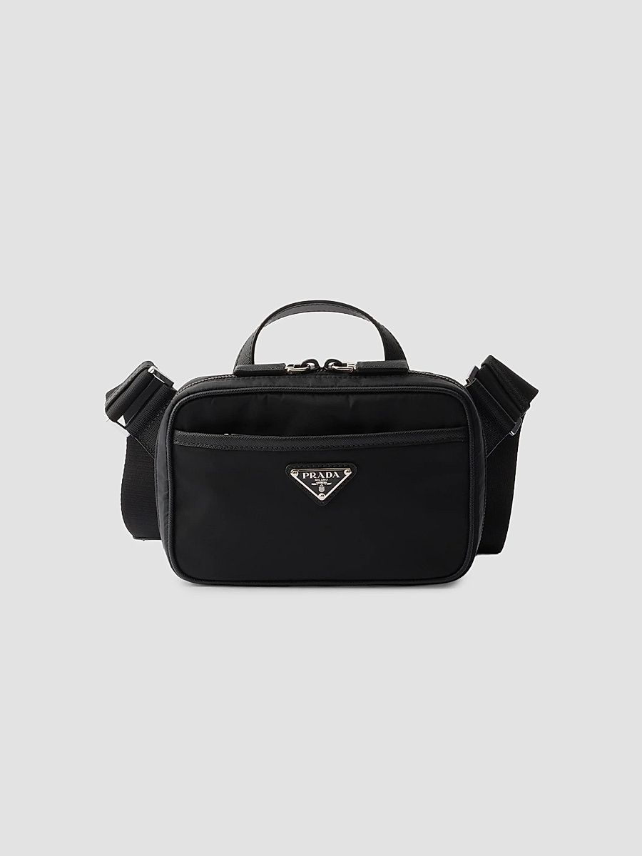 Men's Re-Nylon and Saffiano Leather Shoulder Bag - Black