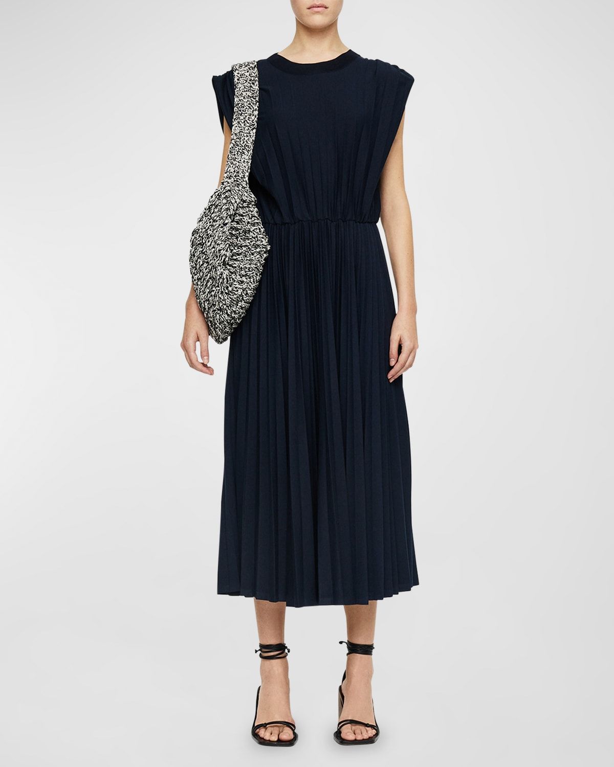 Pleated Cap-Sleeve Midi Dress