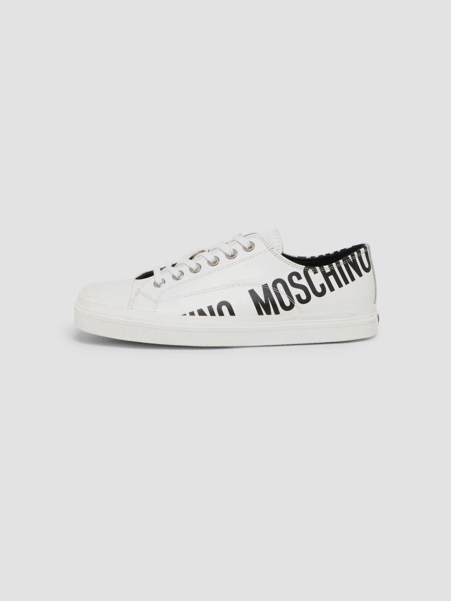 Moschino Men's Logo Faux-Leather Low-Top Sneakers - White Black - Size 13
