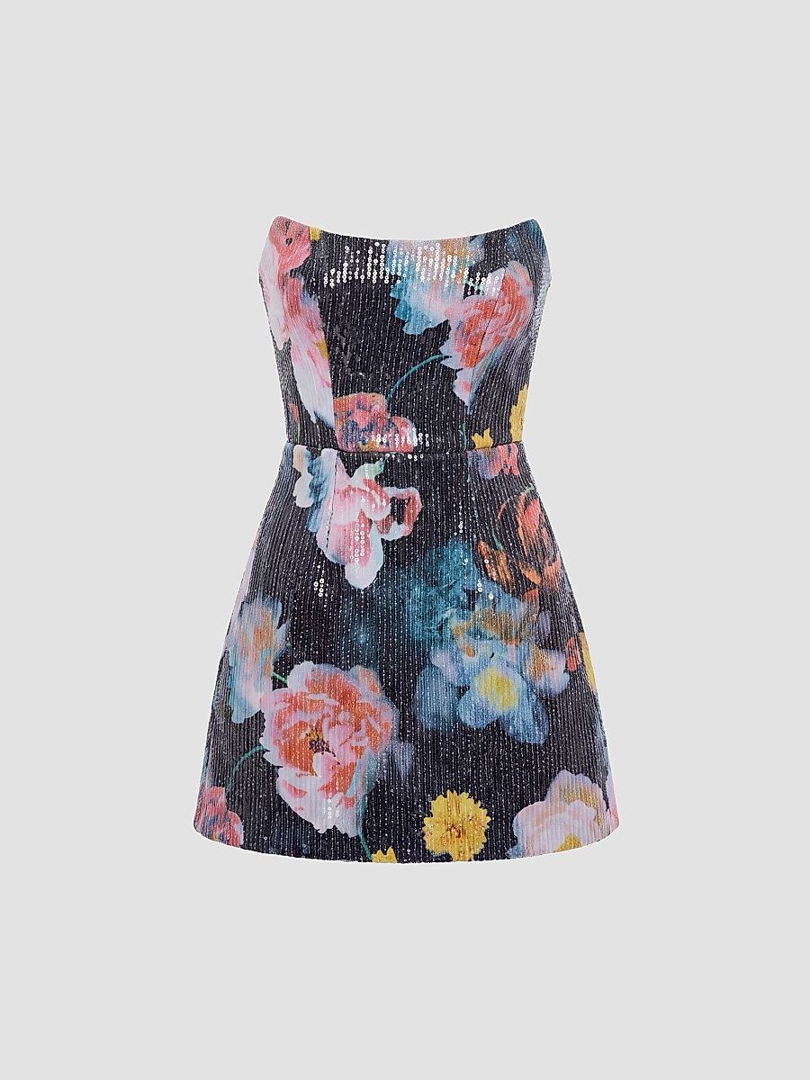 Women's Amity Sequined Floral Mini Dress - Black Multi - Size XXL