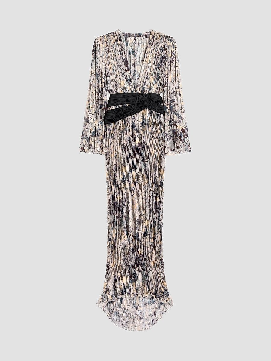 Women's Long Dress with Pleats - Grey Multi - Size 14