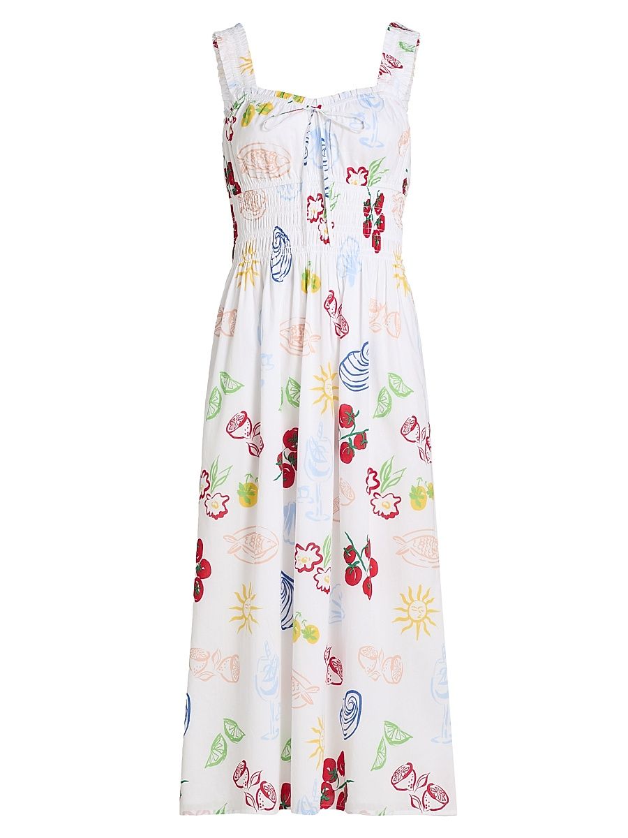 Women's Capri Printed Cotton A-Line Midi-Dress - White Antipasti - Size XS