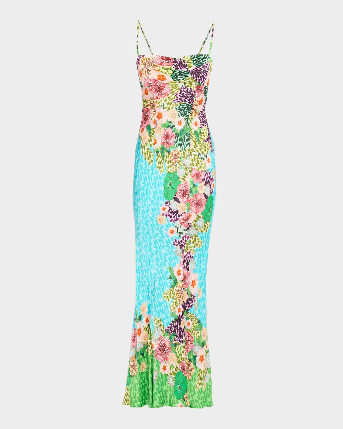 Renee Long Floral Silk Spaghetti-Strap Dress