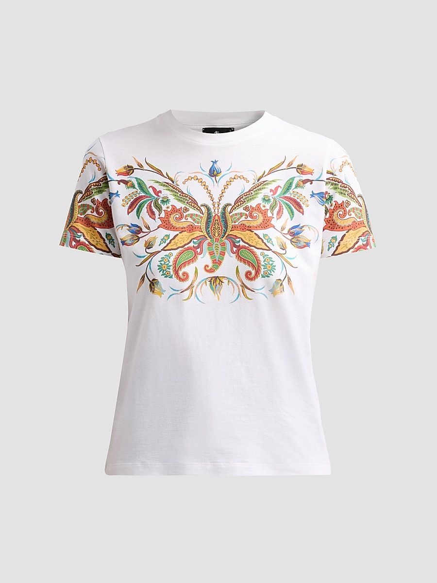 Women's Paisley Butterfly Cotton T-Shirt - Stampa F Do Bianco - Size XL