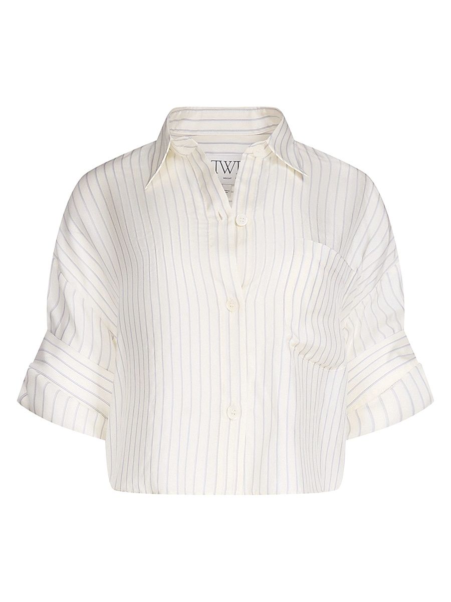 Women's Next Ex Striped Silk-Blend Shirt - Ivory Blue - Size Medium