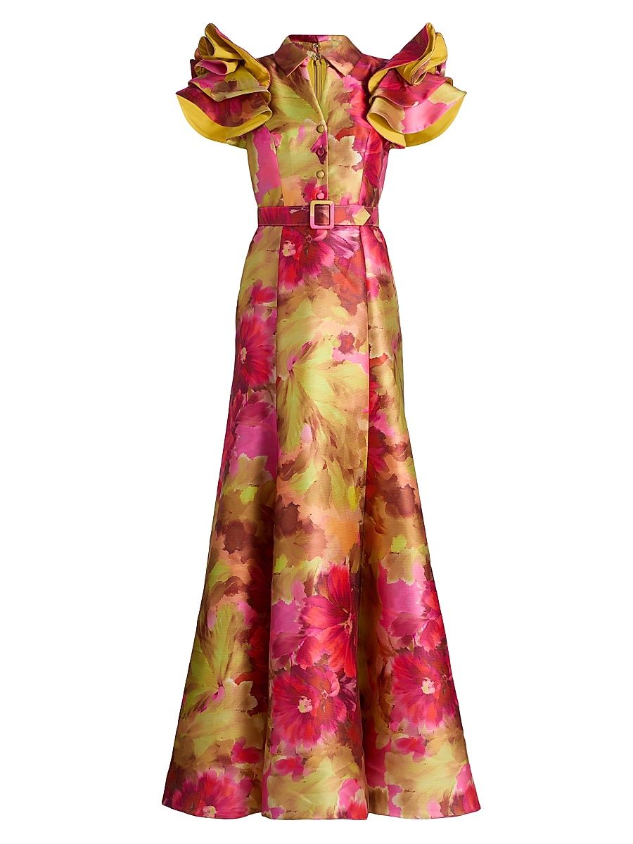 Women's Vibrant Floral Flutter-Sleeve Gown - Pink Multi - Size 16