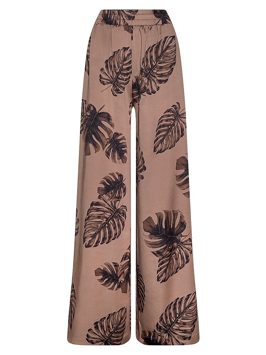 Women's Lillian Leaf-Print Satin Wide Leg Pants - Hazelnut Multi Large - Size XL