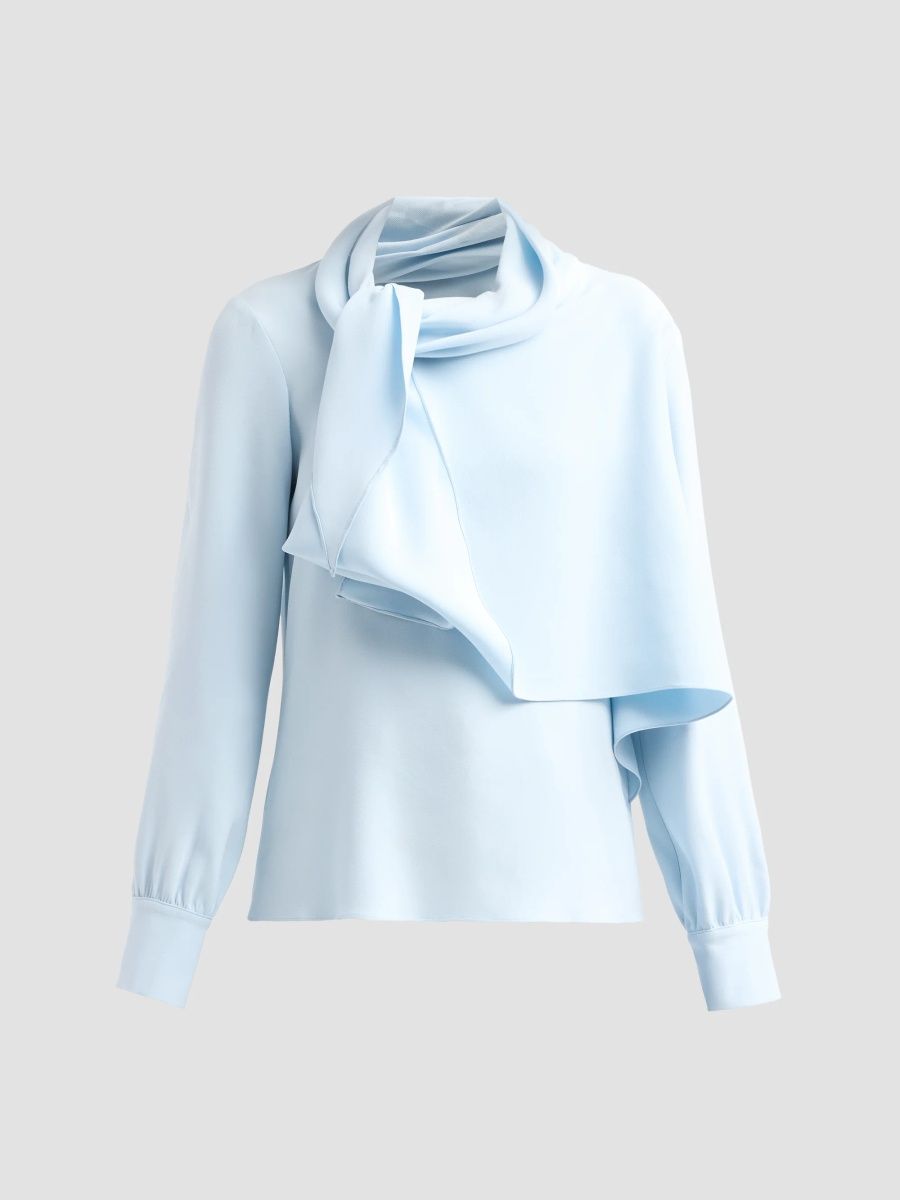Oscar de la Renta Women's Resort Neck Tie Georgette Blouse - Light Blue - Size 16