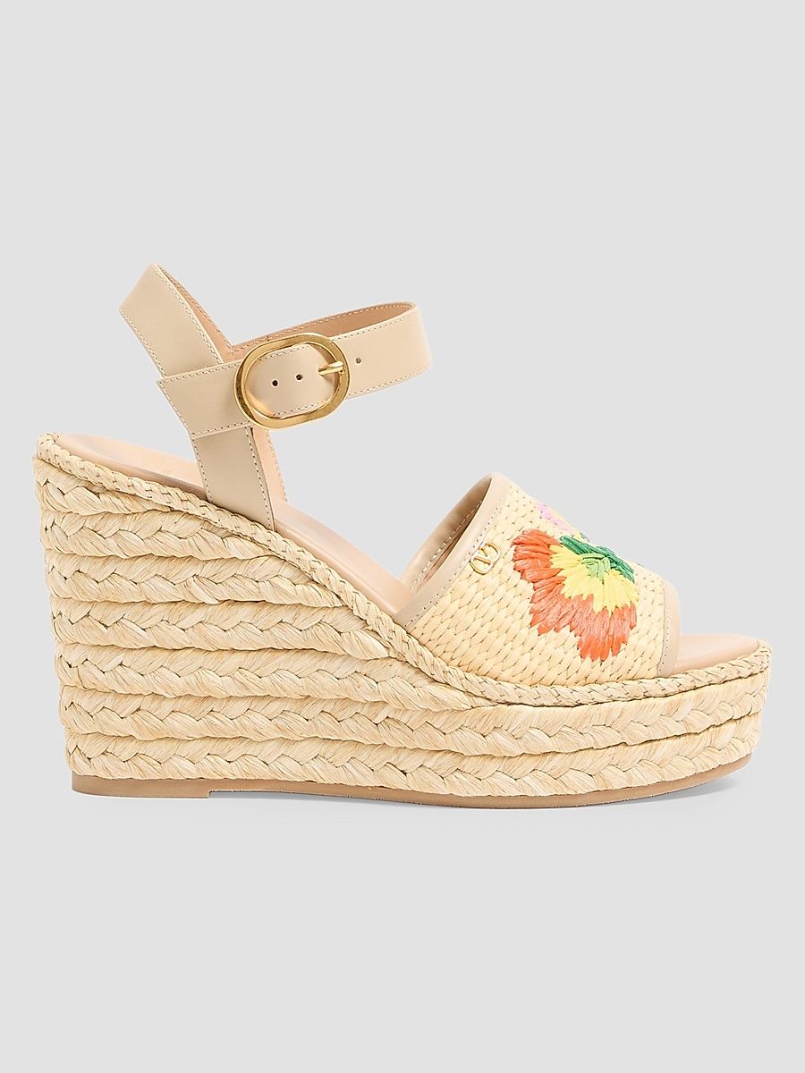 Women's Bribri 115MM Raffia Wedge Sandals with Floral Embroidery - Beige - Size 11