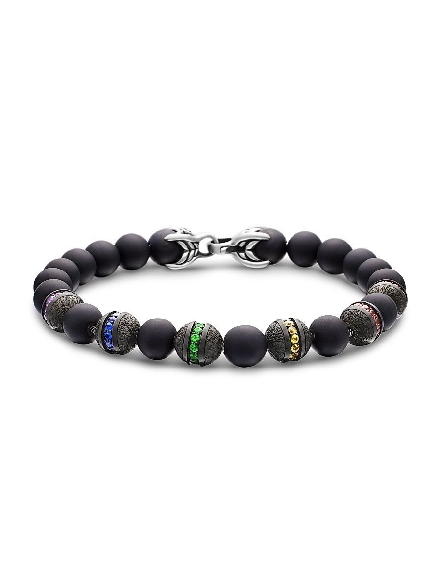 Men's Spiritual Beads Rainbow Bracelet in Sterling Silver - Sapphire - Size Medium
