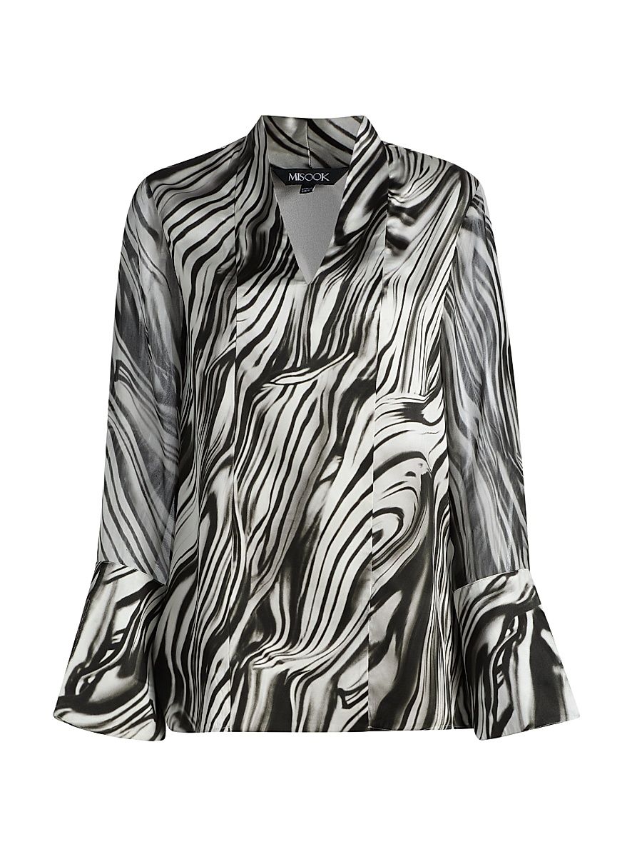 Women's Printed Silk Blouse - Black White - Size XXL