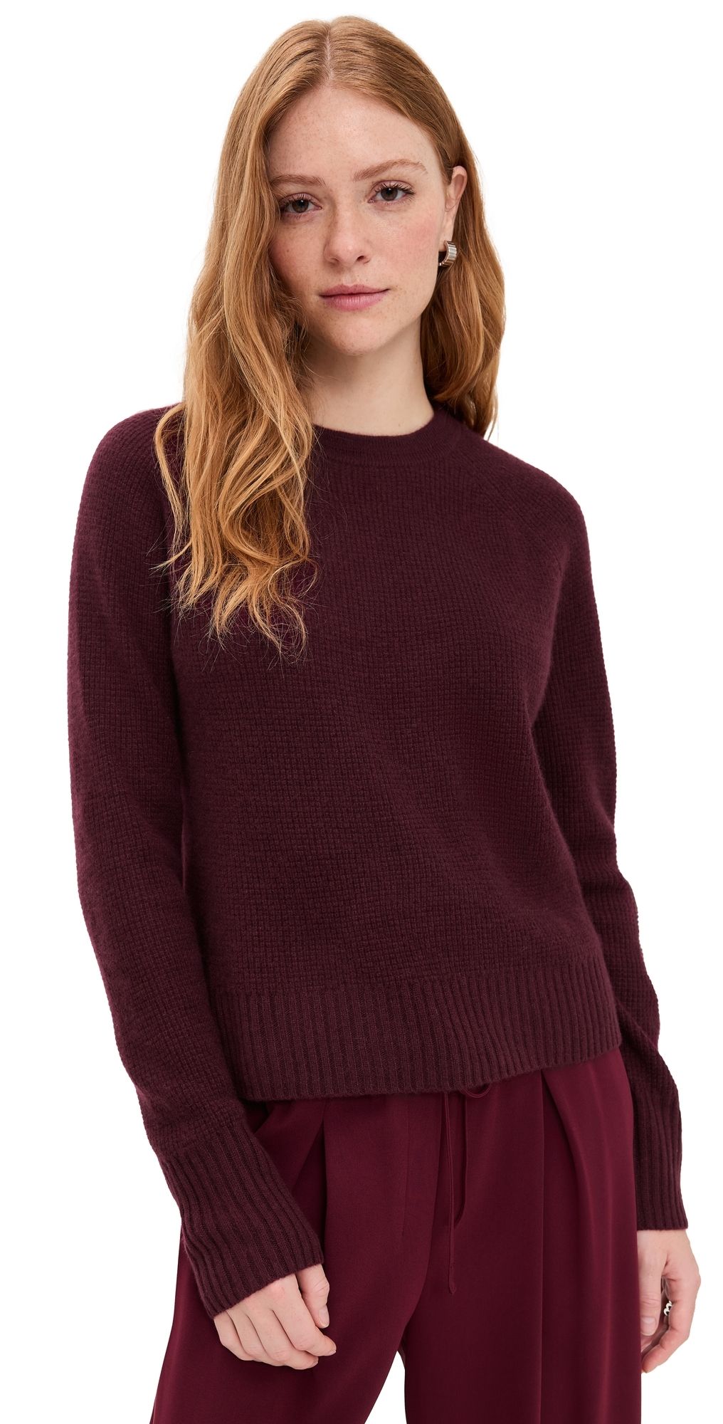 White & Warren Cashmere Waffle Sweatshirt Sangria XS