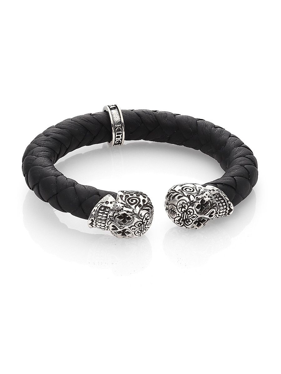 Men's Leather and Sterling Silver Skull Bracelet