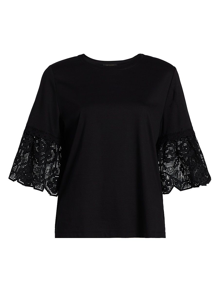 Women's Amanda Lace-Trimmed Cotton T-Shirt - Black - Size Medium
