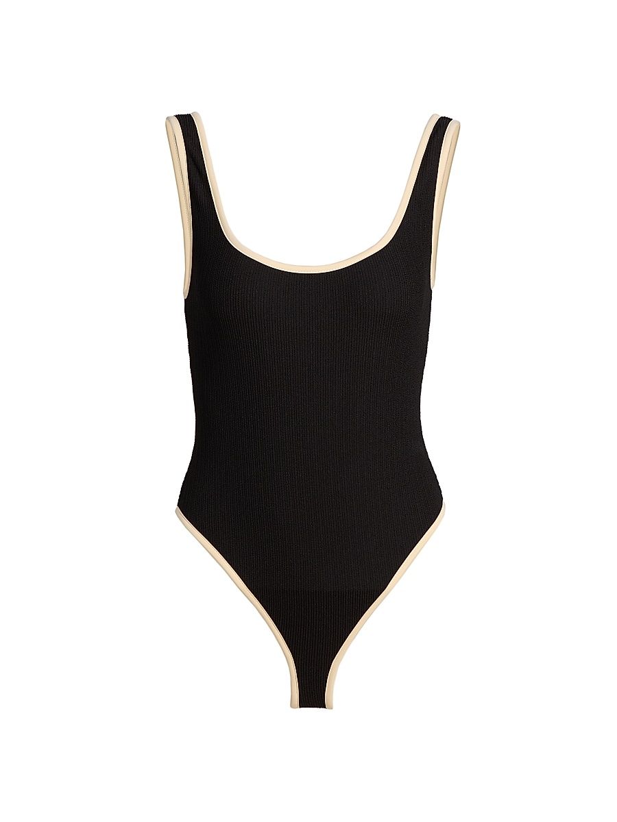 Women's La Paz Summer Vacation Tipped One-Piece Swimsuit - Black Ecru - Size Medium
