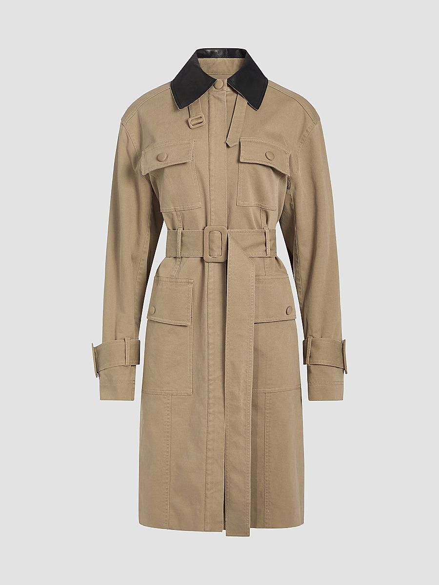 Women's Landon Stretch-Cotton Contrast-Collar Trench Coat - Washed Olive - Size Large