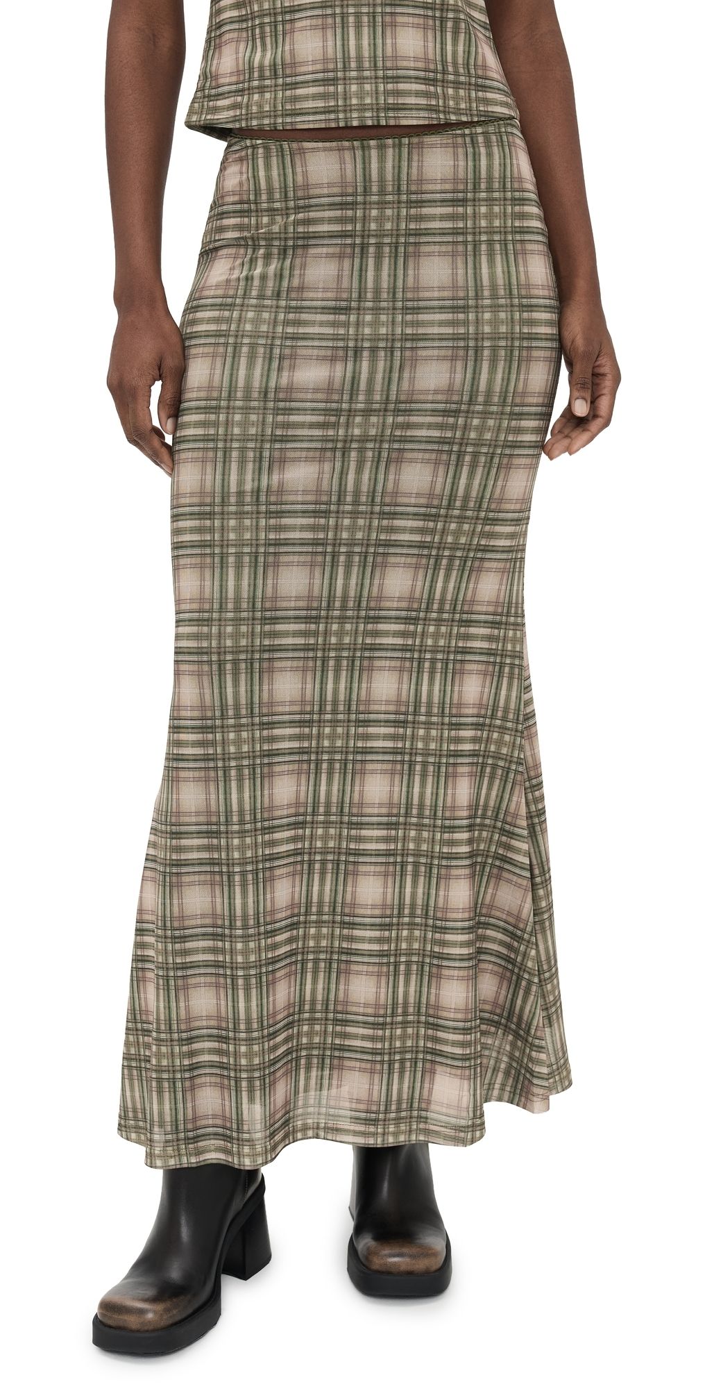 Another Girl Plaid Mesh Maxi Skirt Green M