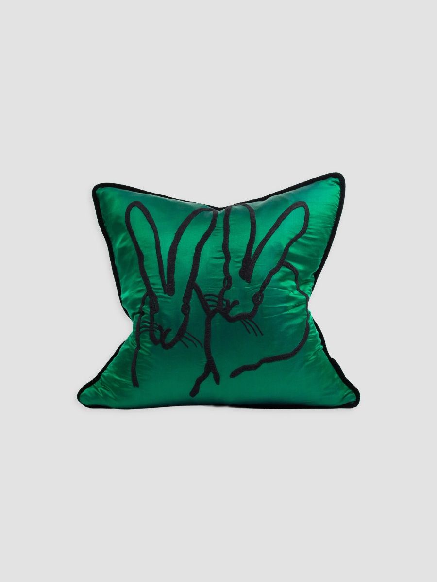 Hunt Slonem Bunny-Embroidered Silk & Velvet Pillow - Emerald