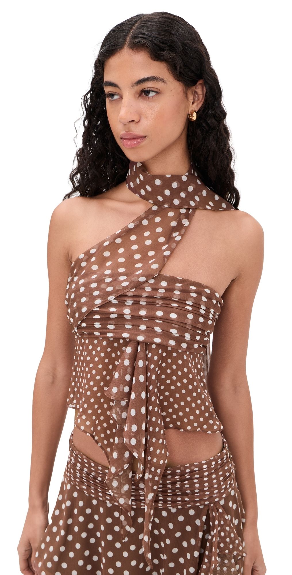 GUIZIO Crinkled Dot Chiffon Wrap Top Espresso S