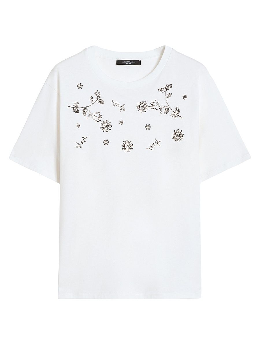 Women's Print and Embroidery Adorned Jersey T-Shirt - White - Size XL