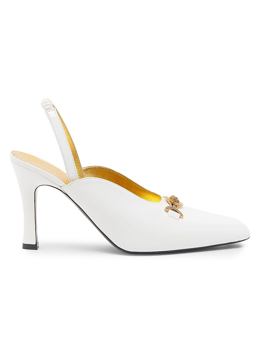 Women's 90MM Medusa-Detail Leather Slingback Pumps - White Gold - Size 10
