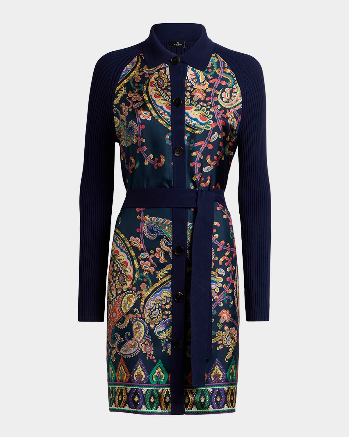 Paisley Silk Inset Belted Long Cardigan