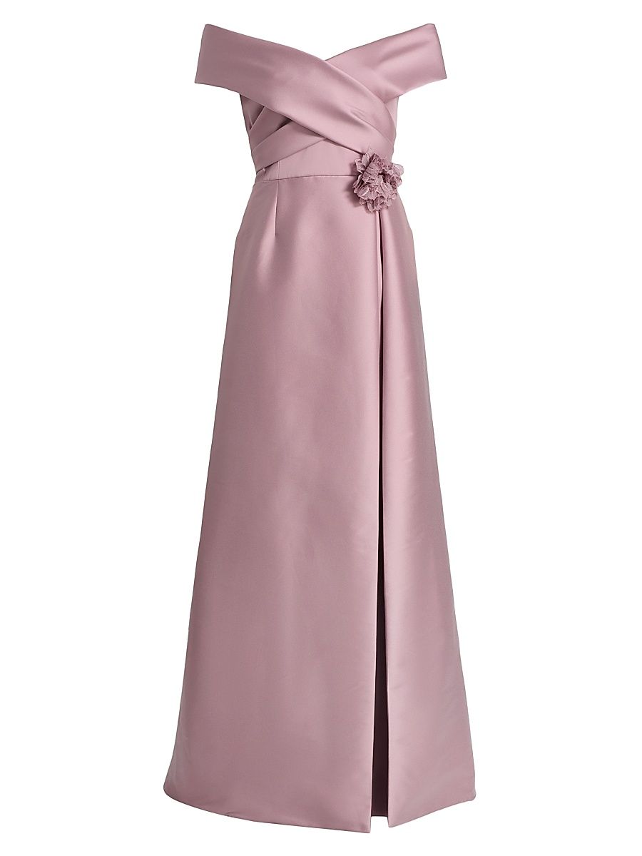 Women's Mikado Lace Off-the-Shoulder Overlay Gown - Mauve - Size 18