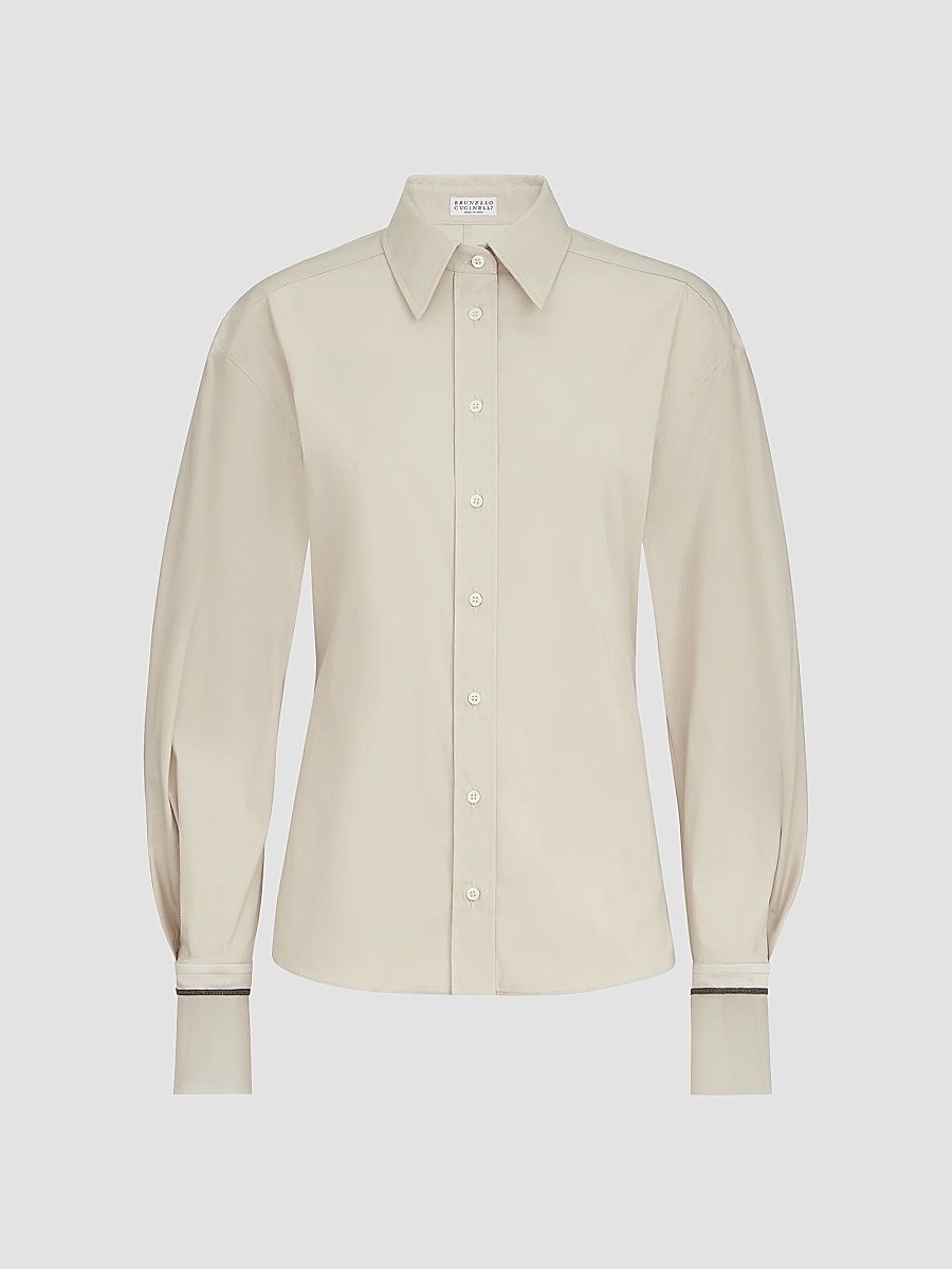 Women's Stretch Cotton Poplin Shirt with Shiny Silk Cuffs - Ivory - Size XS