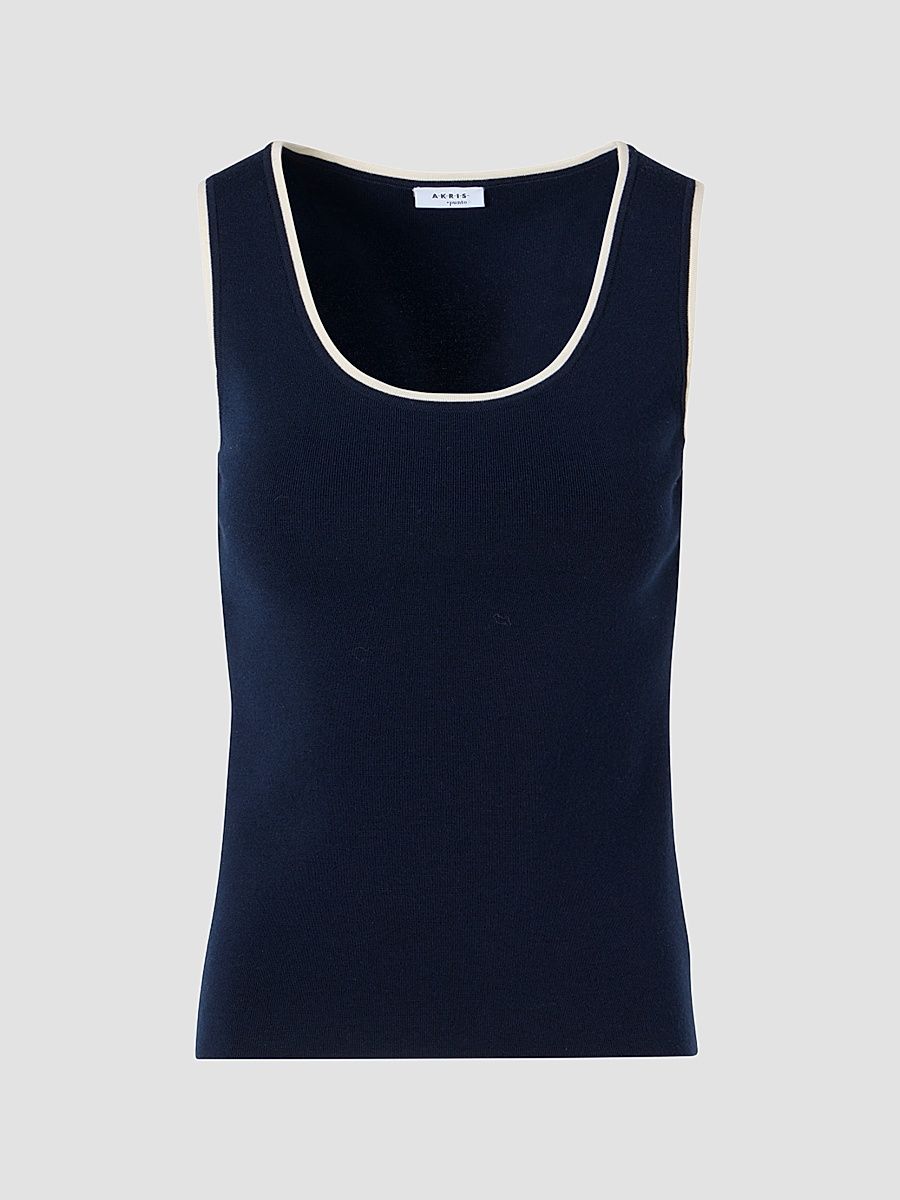 Women's Stretch-Wool Rib-Knit Tank - Navy Cream - Size 16